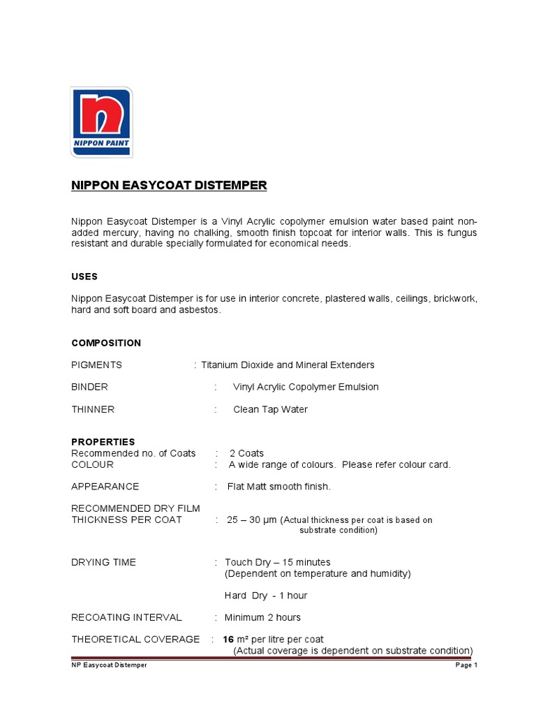 Nippon Easycoat Distemper Actual Thickness Per Coat Is Based On