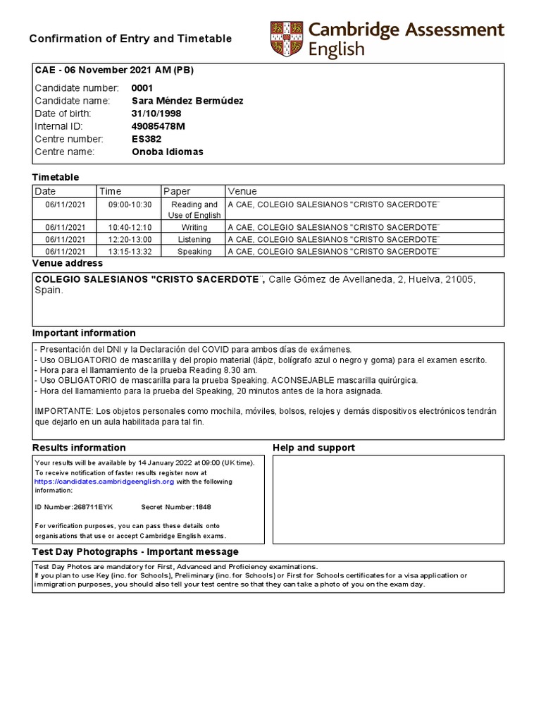 CAE Exam Timetable for Sara Méndez | PDF | Career & Growth | Technology ...