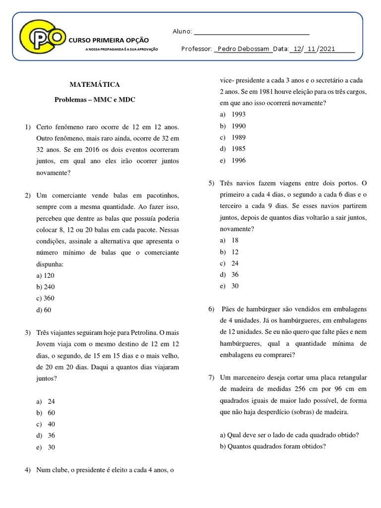 Problemas de Matemática envolvendo MMC e MDC | PDF