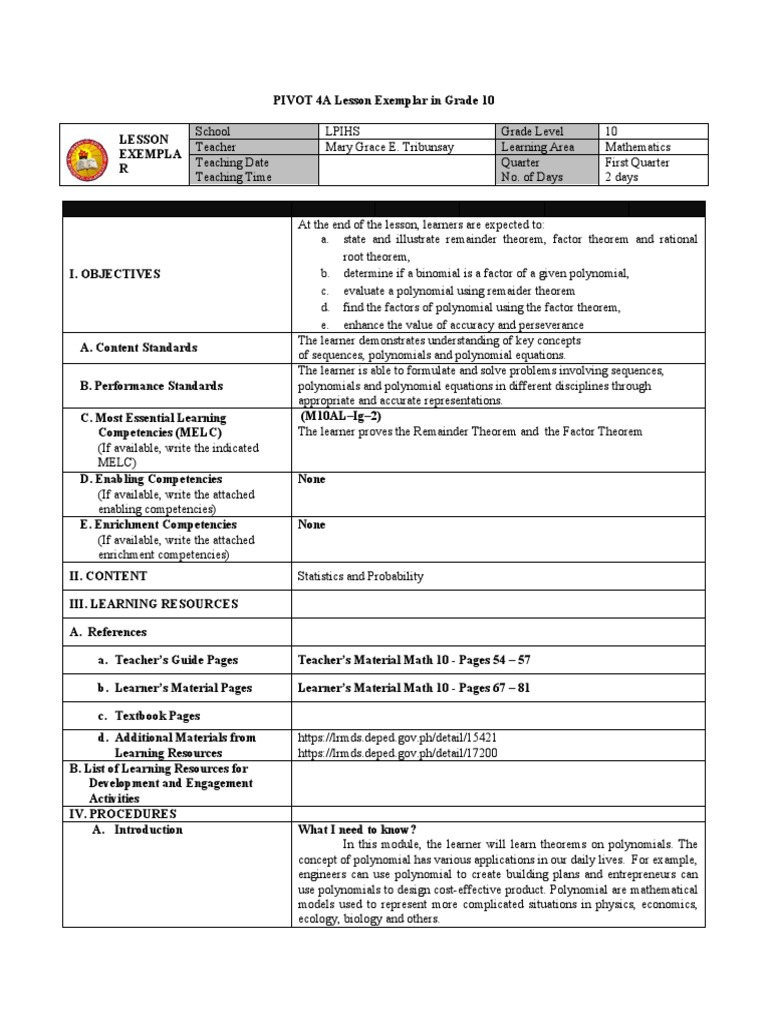 LessonExemplar Math10 Q1 MELC9 MGTribunsay | PDF | Factorization ...