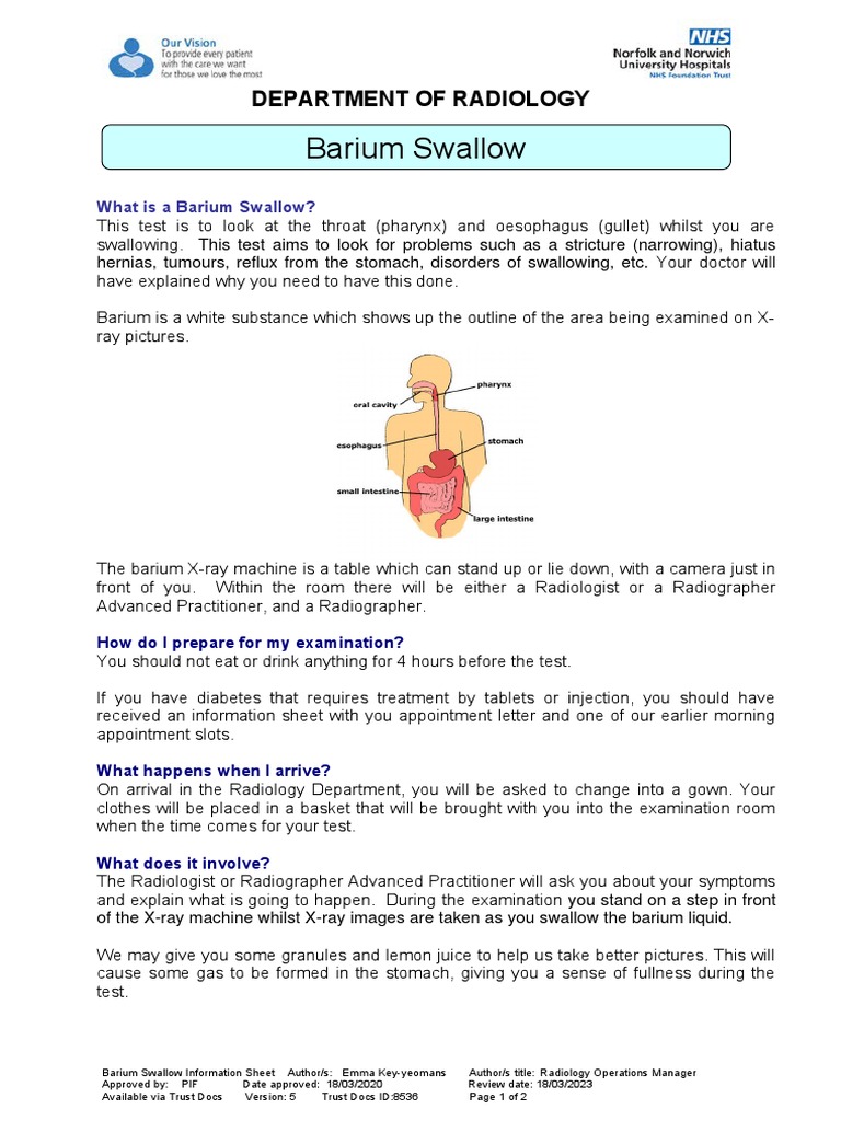 Barium Swallow Test Overview and Prep | PDF | Radiology | Esophagus