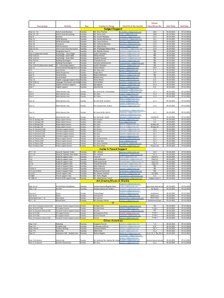 Subject Support Classes Schedule | PDF | Science And Technology | Academia