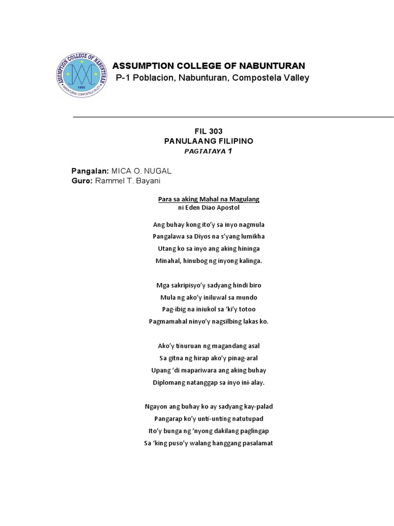 Pagtataya 1 (Pagsuri NG Tula) | PDF