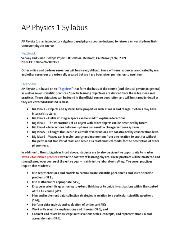 Ap Physics 1 Syllabus