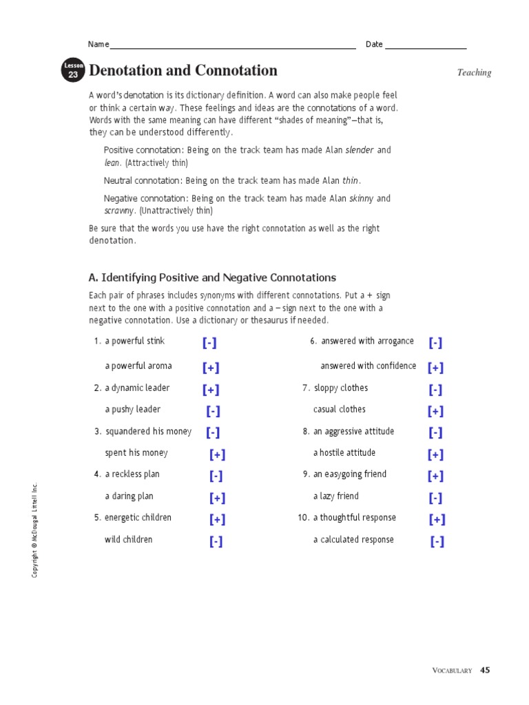 Connotation and Denotation Worksheet PDF Connotation Linguistics