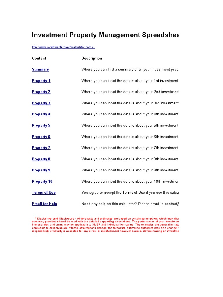 Investment Property Management Spreadsheet Content Description PDF