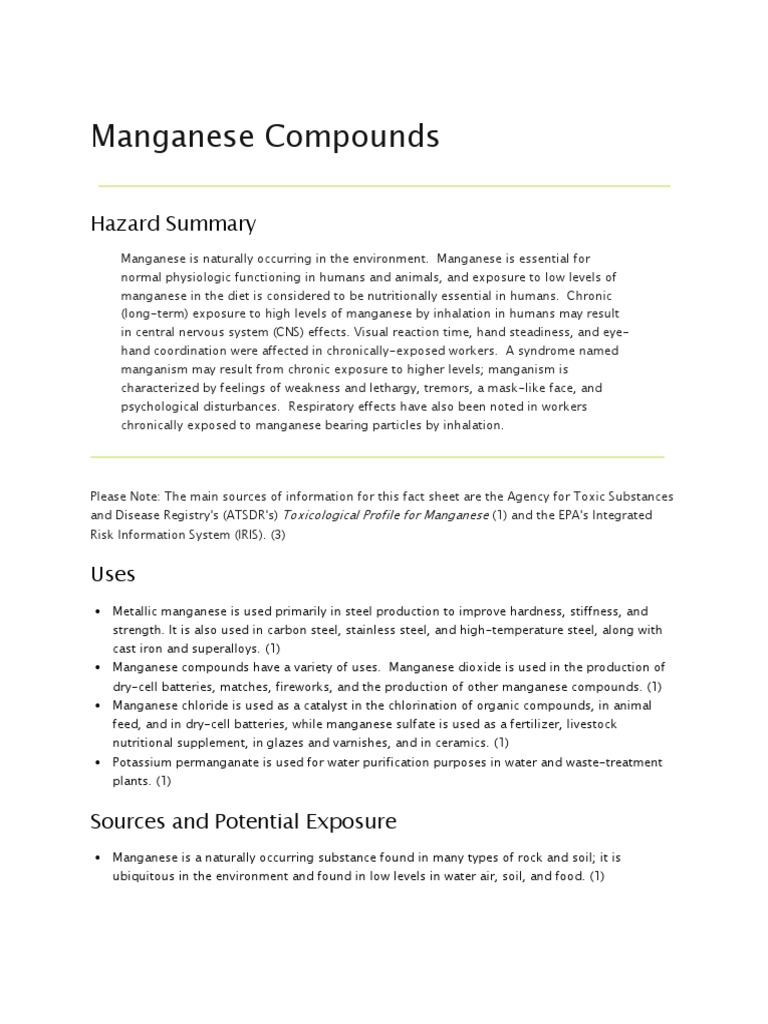 Manganese Compounds Hazard Summary PDF Manganese Occupational