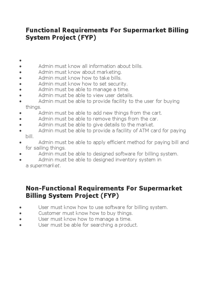 Functional Requirements For Supermarket Billing System Project | PDF