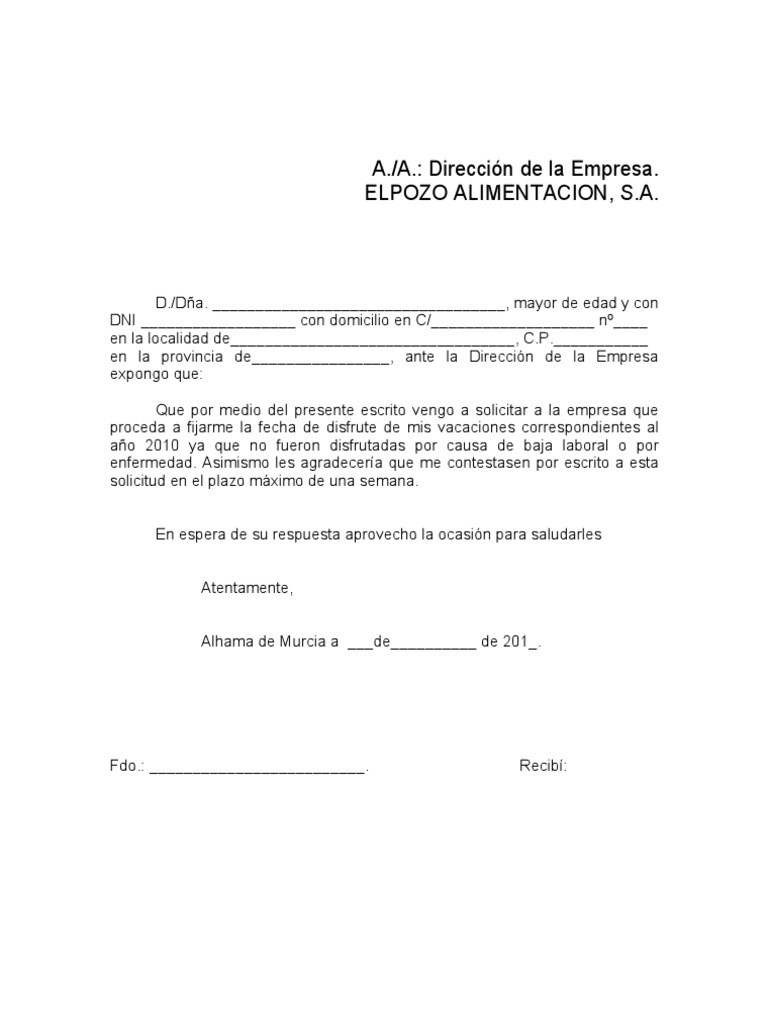 modelo para solicitar vacaciones año anterior
