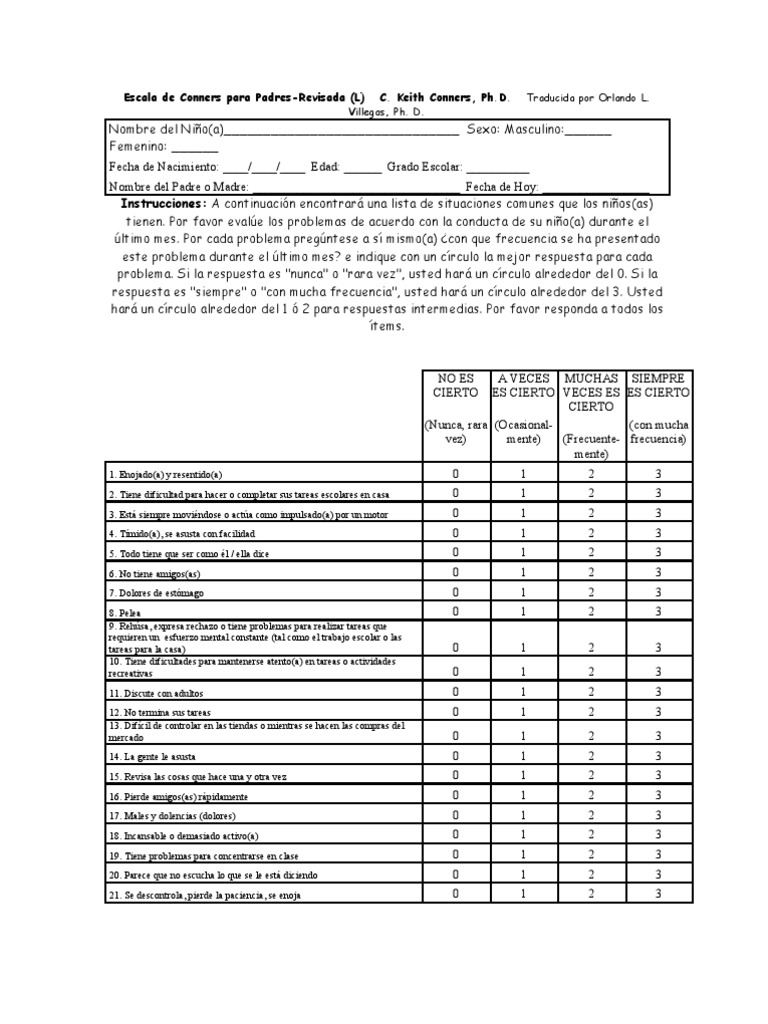 Escala de Conners para Padres PDF Ocio Agitación