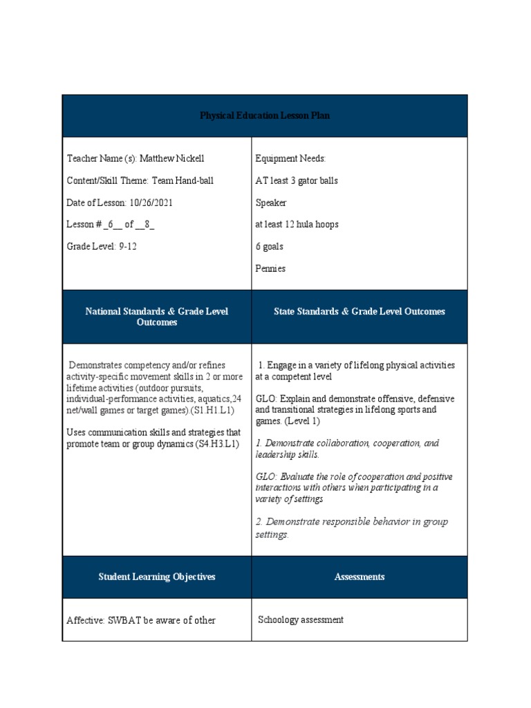 Physical Education Lesson Plan Team Handball Central Hs Download Free