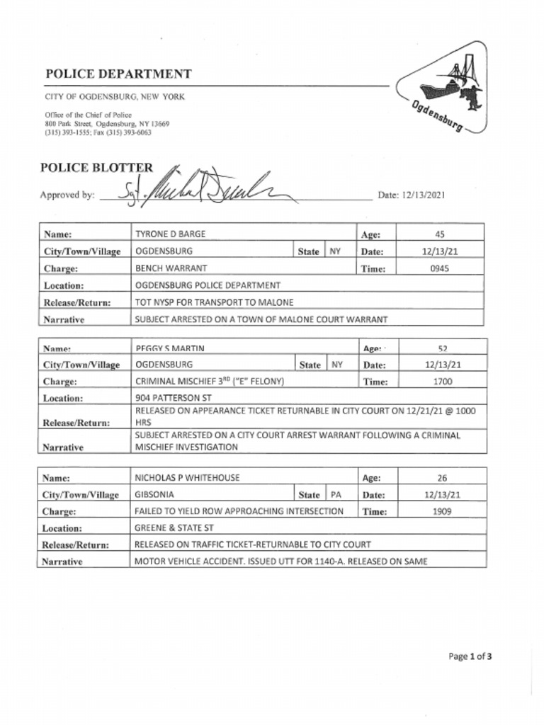 Ogdensburg Police Department Dec. 13, 2021 PDF