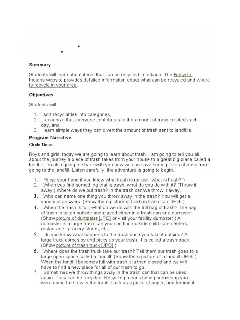 Preschool Recycling Lesson Plan | PDF | Recycling | Waste