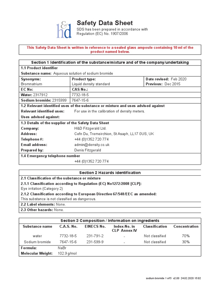 SDS Sodium Bromide 2016 PDF PDF Toxicity Chemistry