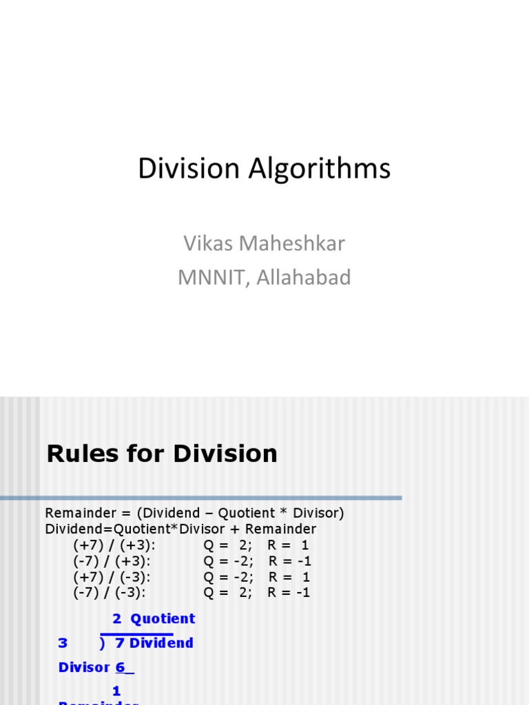 Division Algorithms: Vikas Maheshkar MNNIT, Allahabad | PDF | Division ...