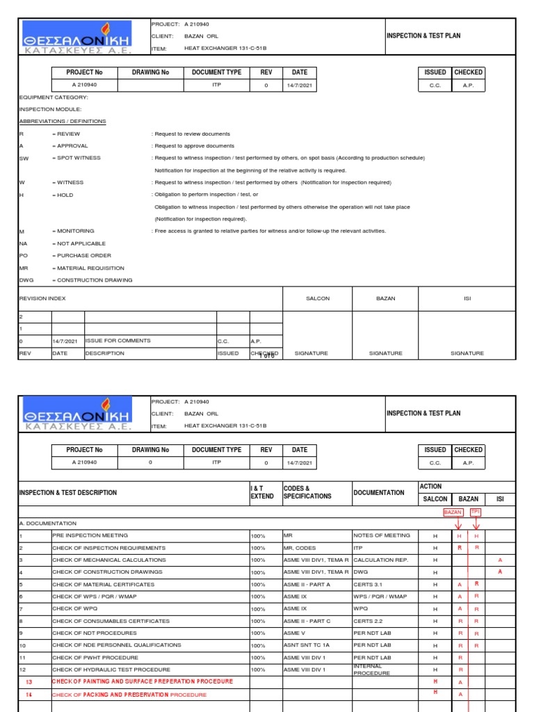 Inspection and Test Plan for Heat Exchanger Project Outlining Quality ...
