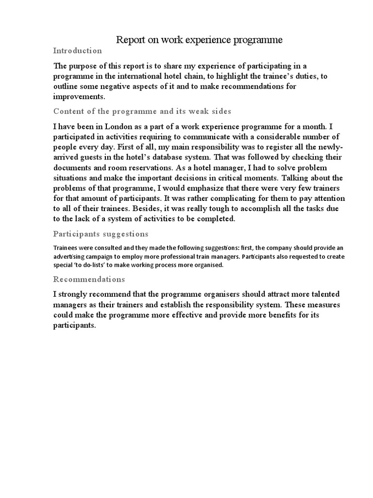 Report On Work Experience Programme | PDF