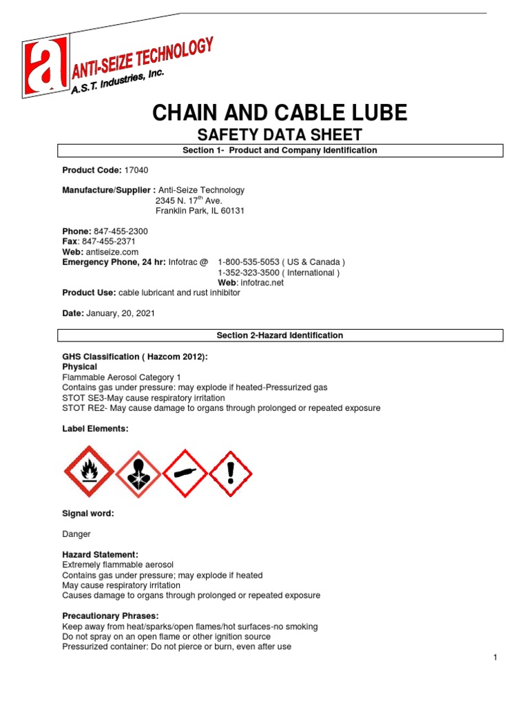 Hoja de Seguridad Lubricante de Cadena y Cables PDF Dangerous Goods