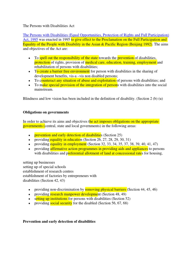 Objectives of the PWD Act 1995 | PDF | Disability | Visual Impairment