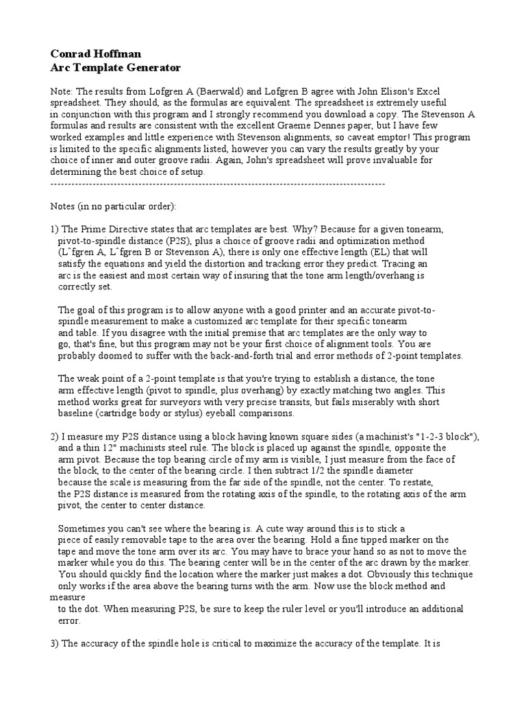 Conrad Hoffman Arc Template Generator NOTES in READ ME PDF Printer Phonograph