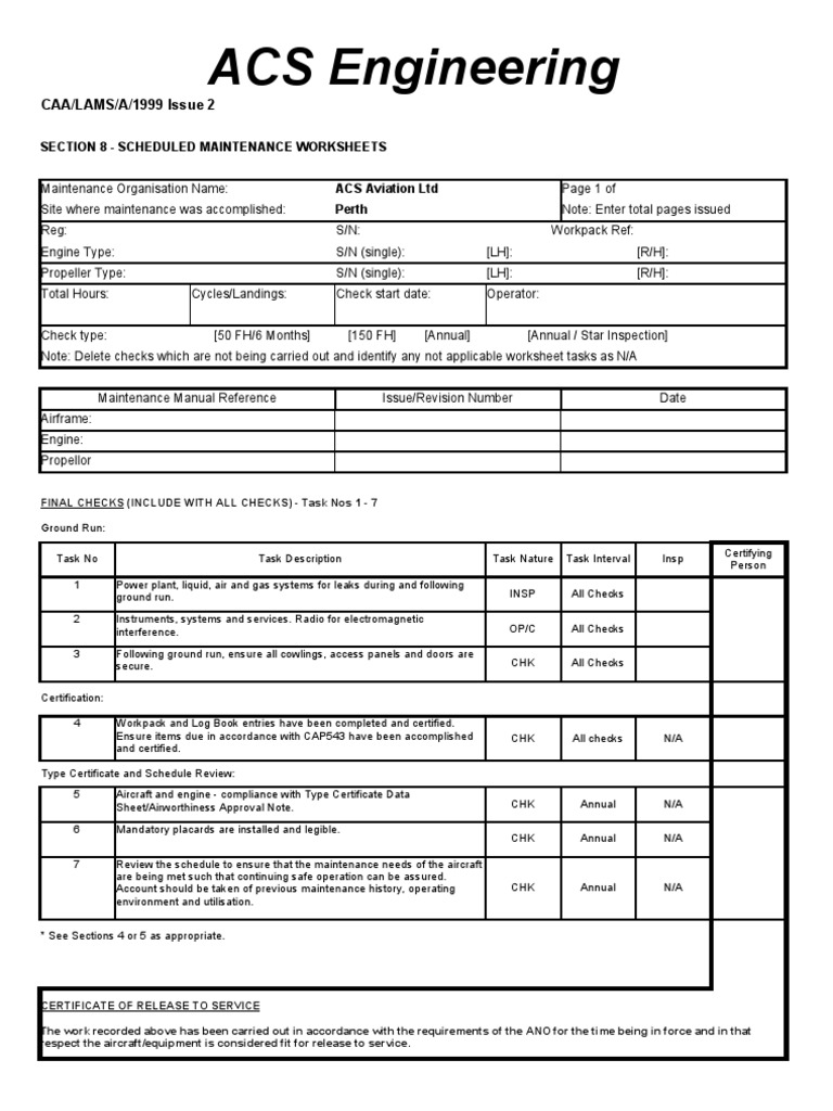 ACS Aviation Scheduled Maintenance Worksheets | PDF | Landing Gear ...