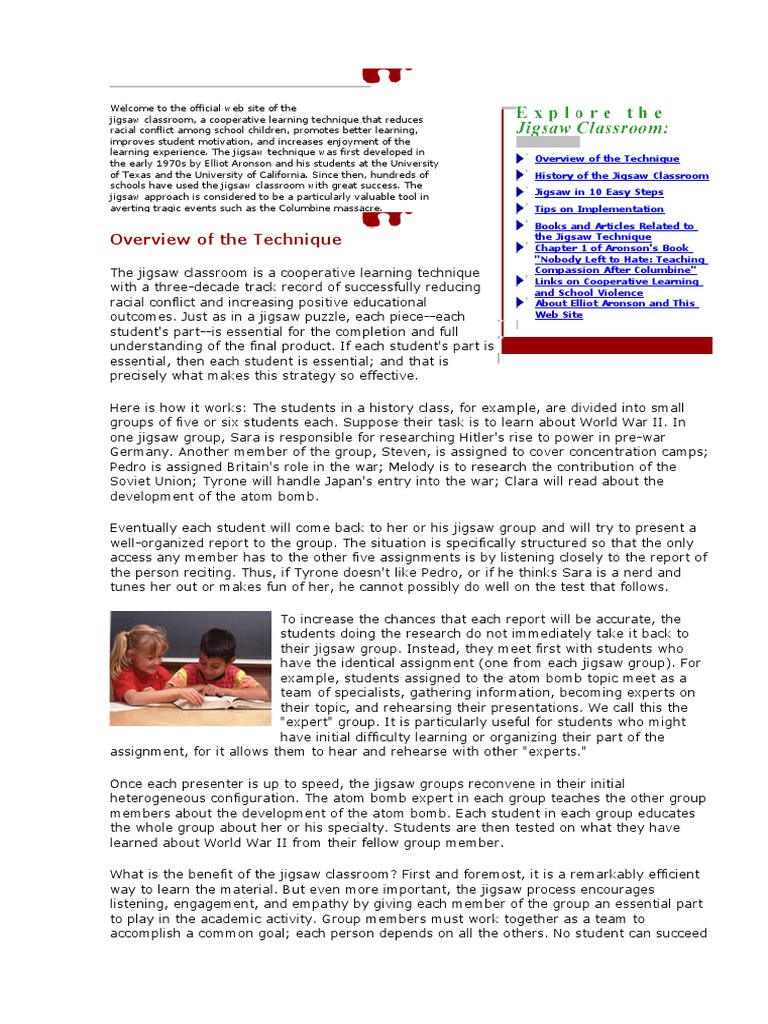 An Overview of the Jigsaw Classroom Technique for Promoting Cooperative