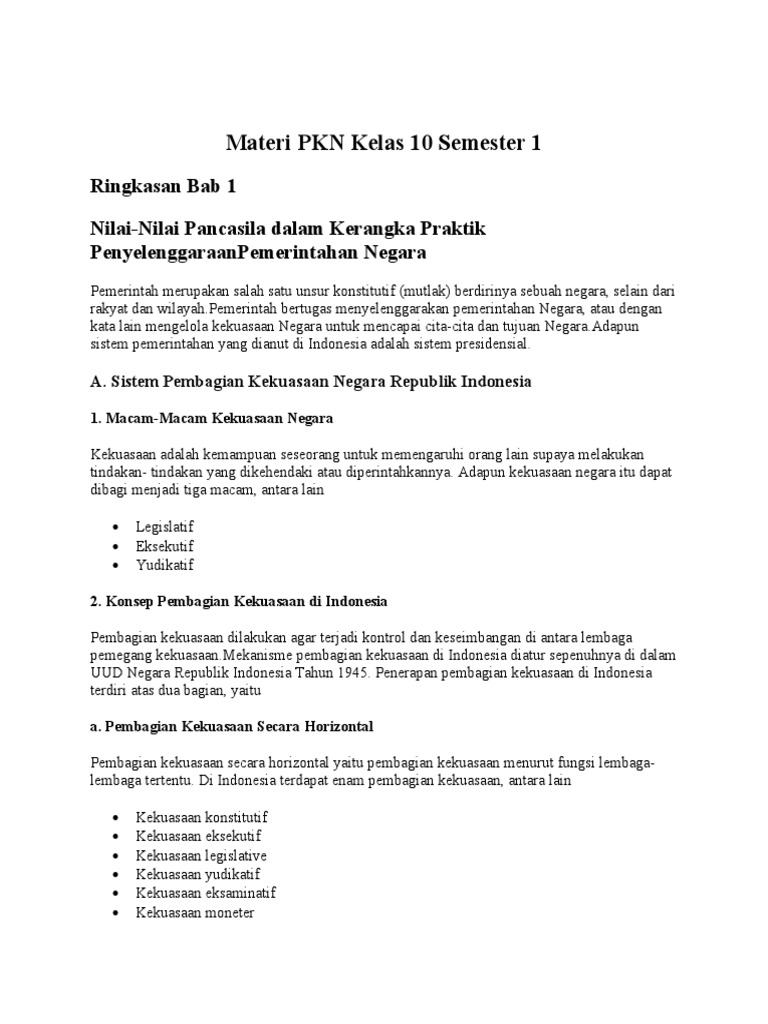 Ringkasan Materi PKN Kelas 10 Semester 1 | PDF