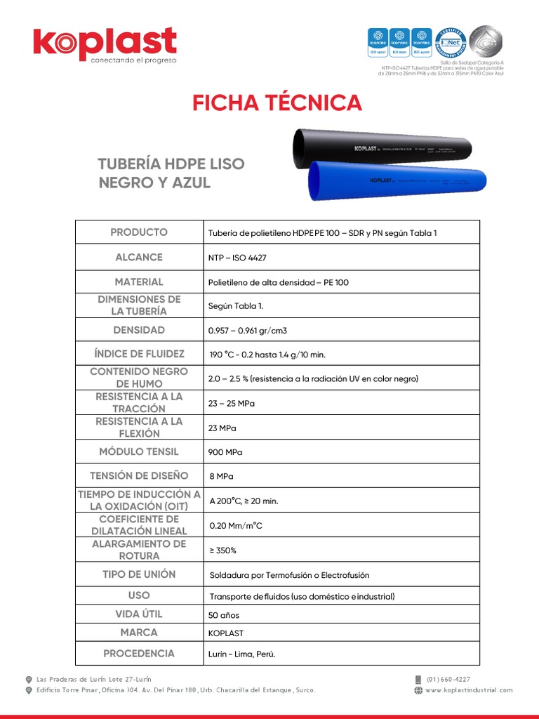 Ficha Tecnica - Tuberia Hdpe Liso - Ntp-Iso 4427 Koplast | PDF