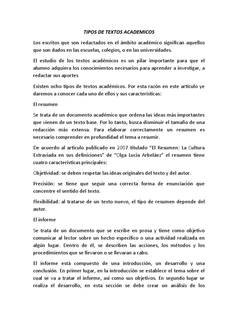 Tipos de Textos Académicos Explicados | PDF | Ensayos | Cognición