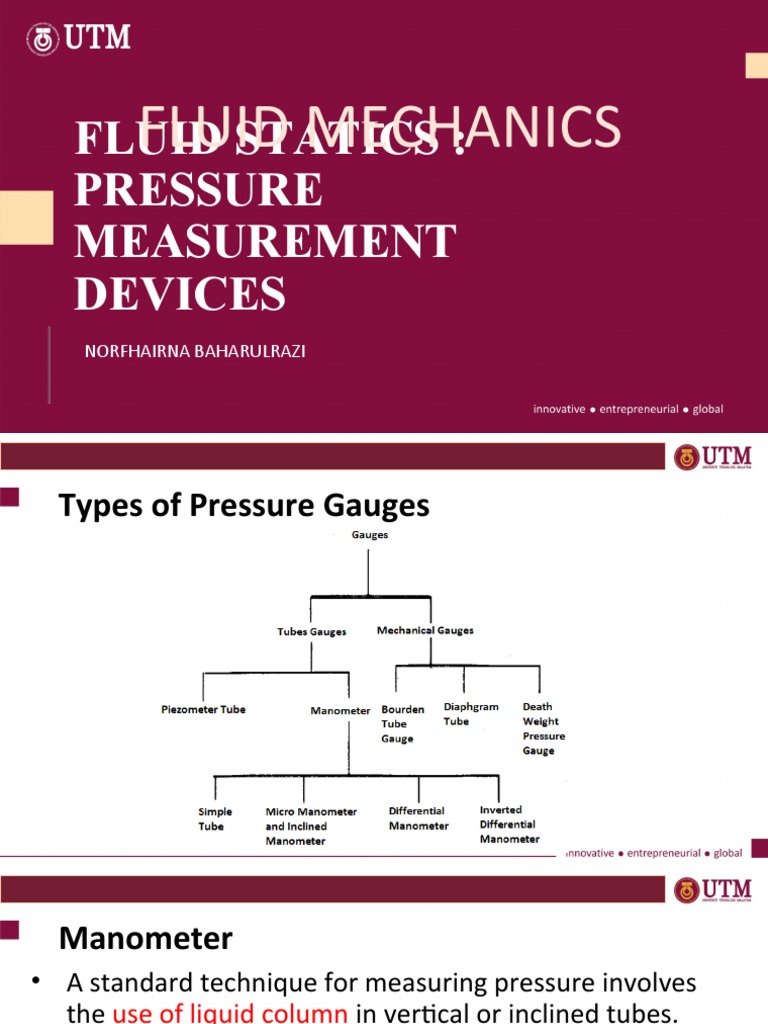 Fluid Mechanics Fluid Statics Pressure Measurement Devices PDF