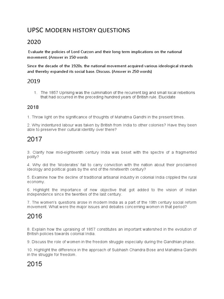 Upsc Modern History Questions PDF British Raj Mahatma Gandhi