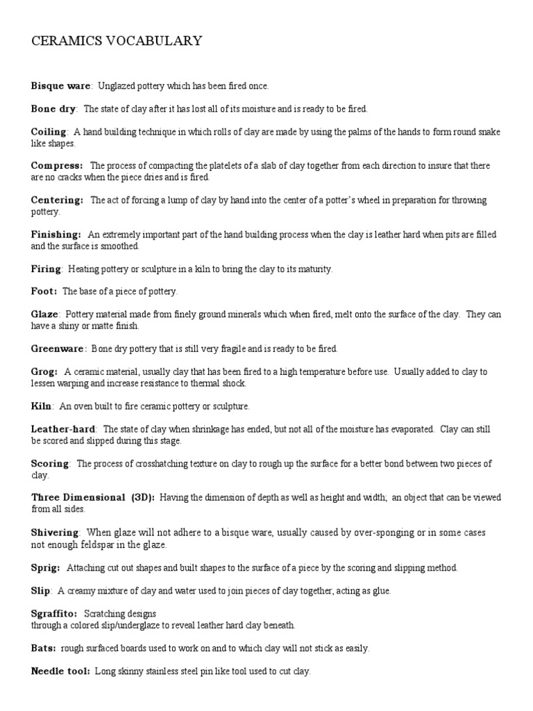 Ceramics Vocabulary PDF Pottery Clay