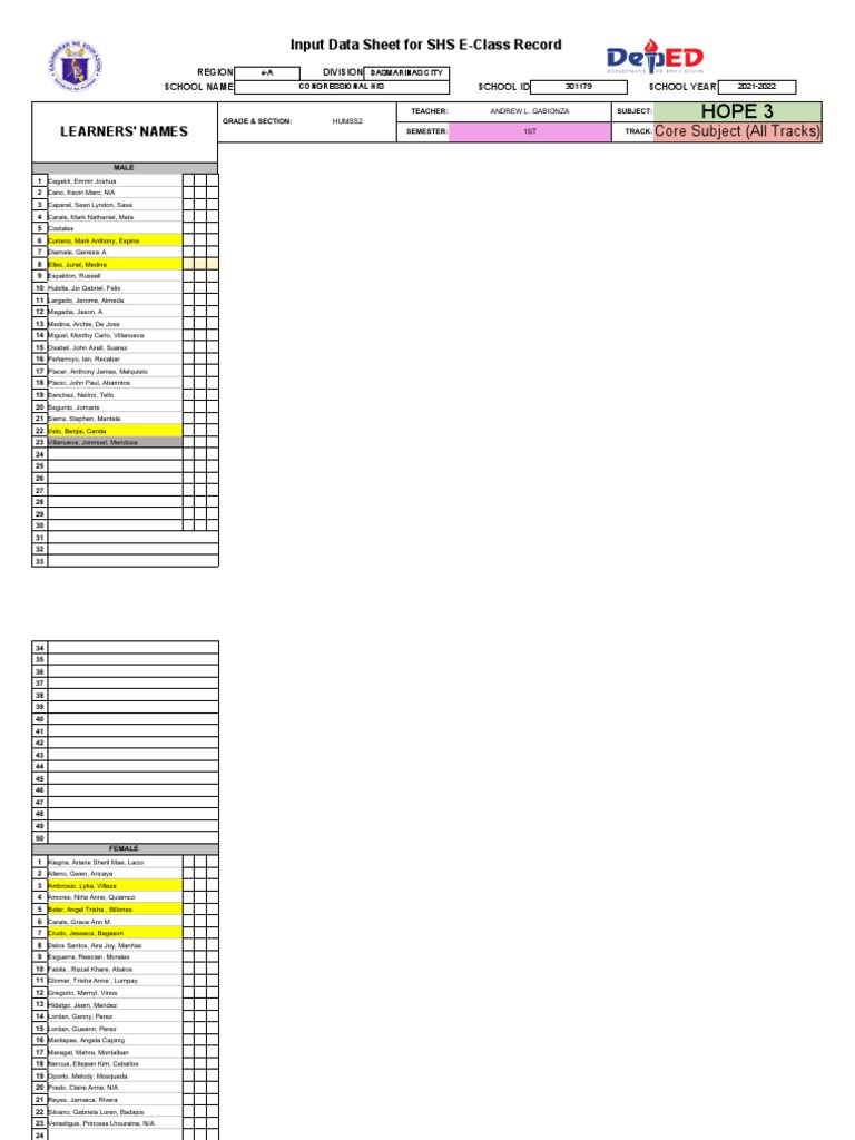 Hope 3 input data sheet for shs e class record pdf