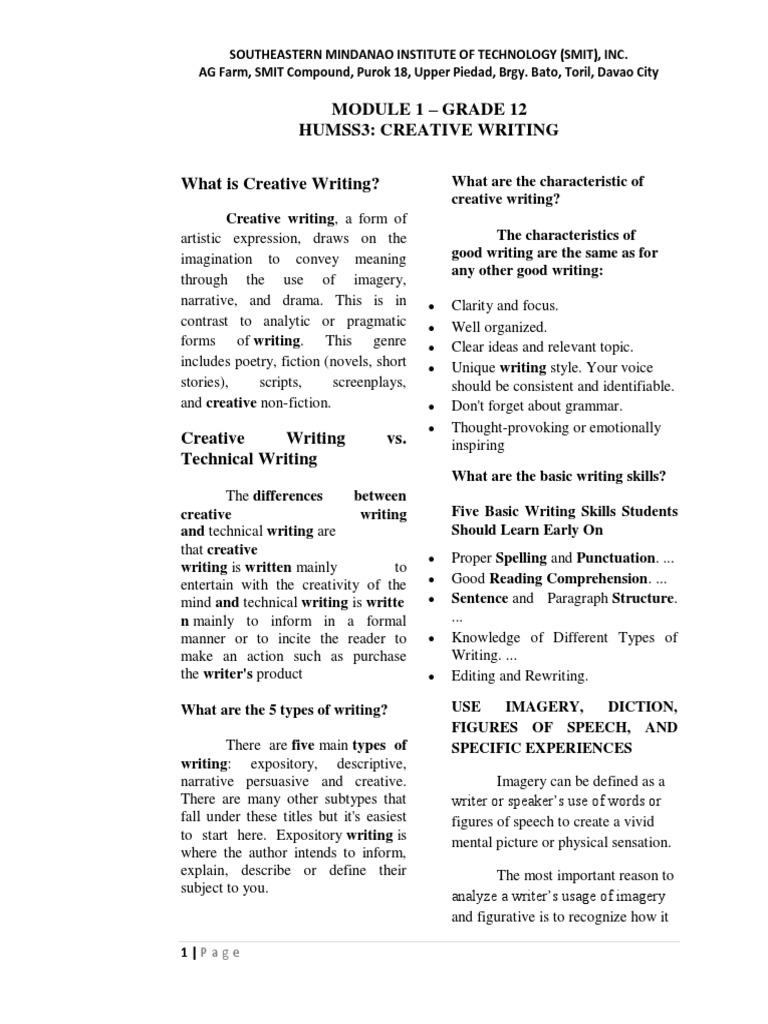 Grade 12 Creative Writing Module | PDF | Senses | Writers