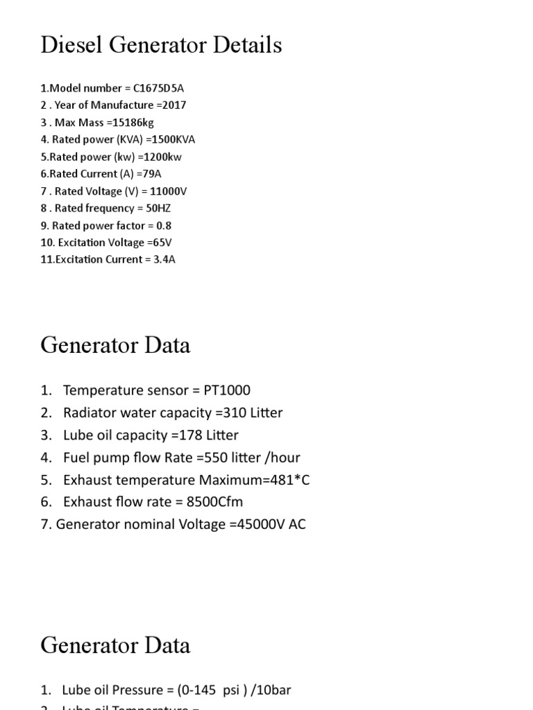 Diesel Generator Details | PDF | Technology & Engineering