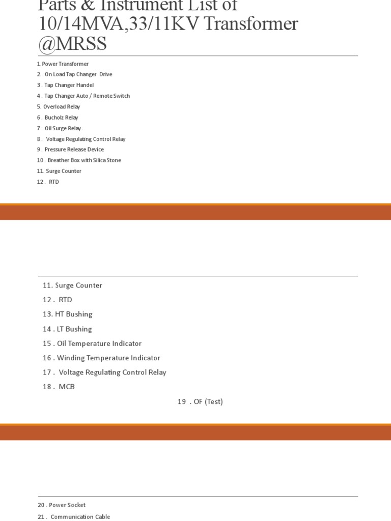 Transformer Parts & Instruments List | PDF | Transformer | Relay
