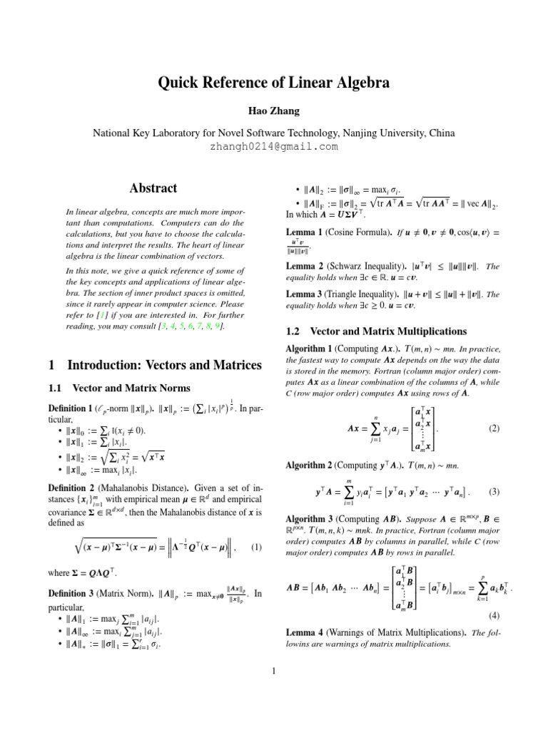 Quick Reference of Linear Algebra | PDF | System Of Linear Equations ...