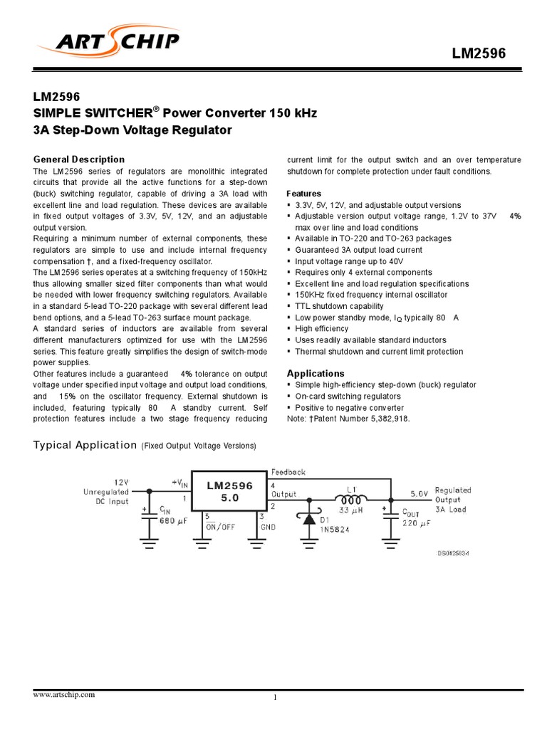 Lm2596 Simple Switcher Power Converter 150 KHZ 3A Step-Down Voltage