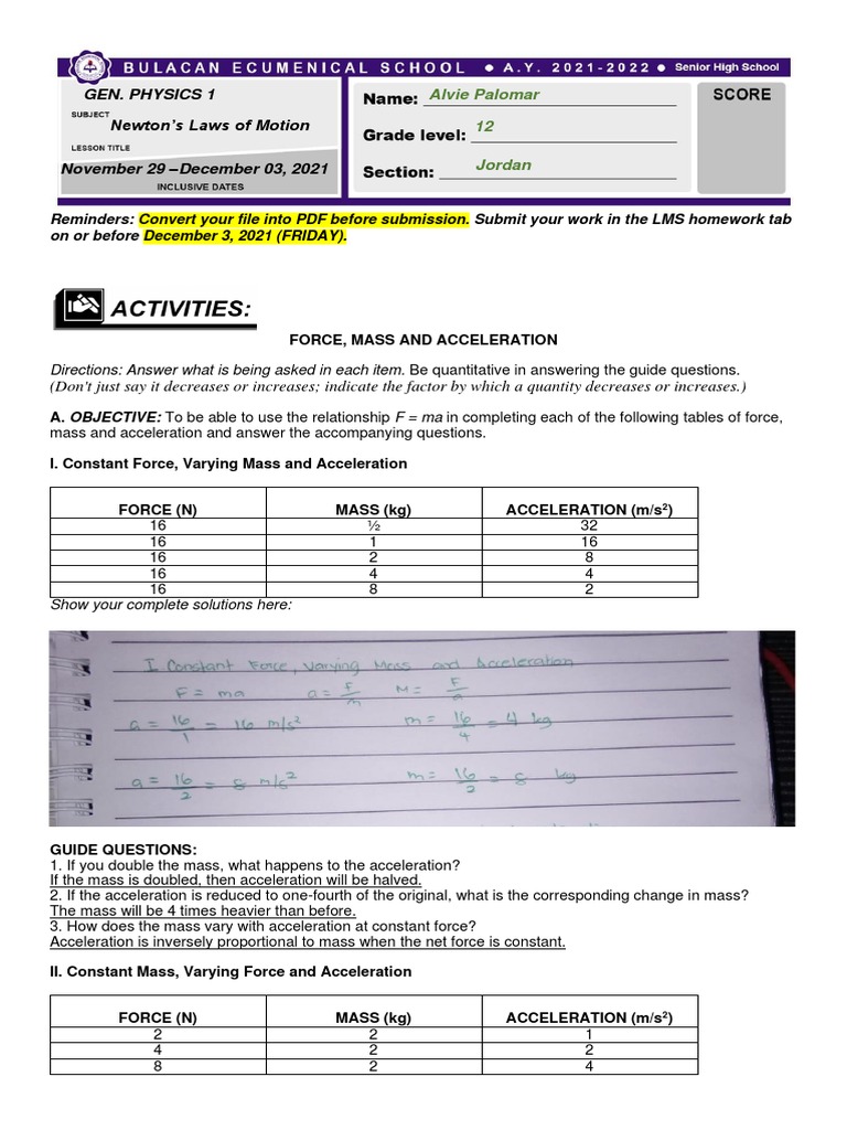Activity 3 Physics | PDF | Force | Mass