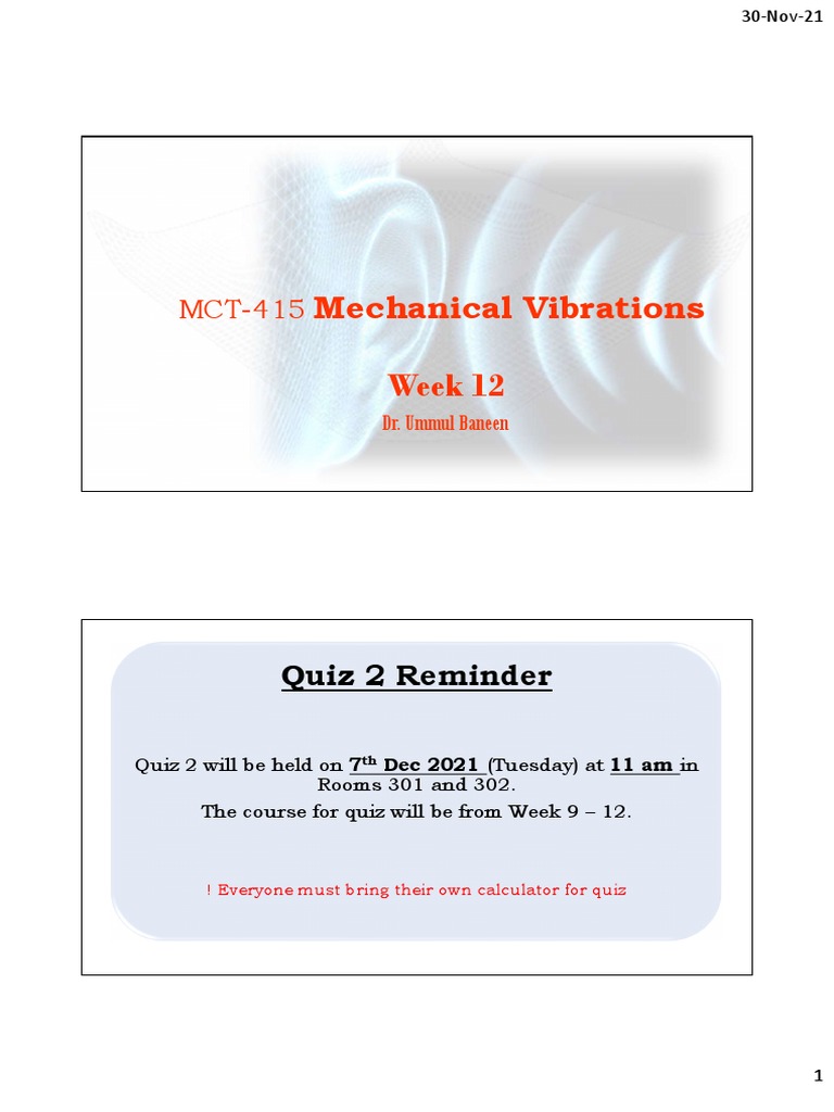 Mechanical Vibrations Week 12 Quiz 2 Reminder PDF Resonance