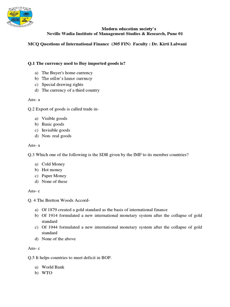 International Finance MCQ Review | PDF | Exchange Rate | Interest Rates