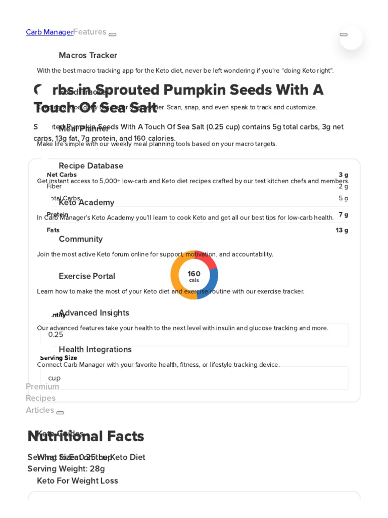 Carbs in Sprouted Pumpkin Seeds With A Touch of Sea Salt Carb Manager PDF Ketogenic Diet