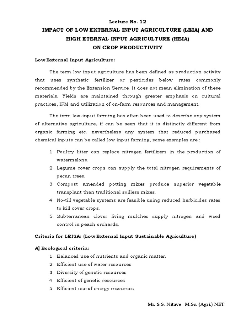 Impact of Low External Input Agriculture (Leia) and High Eternal Input
