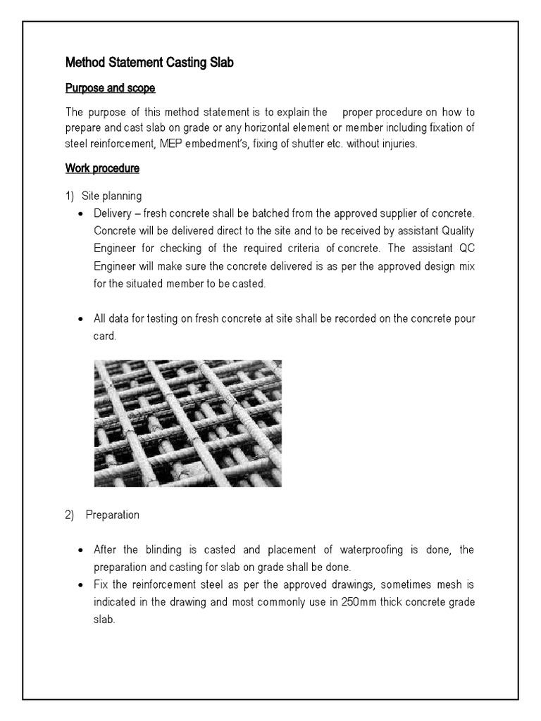 Slab Casting Method Statement | PDF | Concrete | Economic Sectors