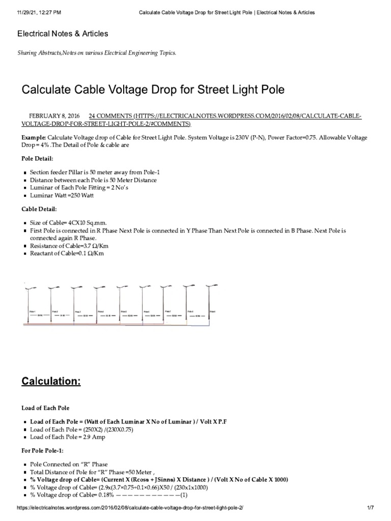Calculate Cable Voltage Drop For Street Light Pole Electrical Notes