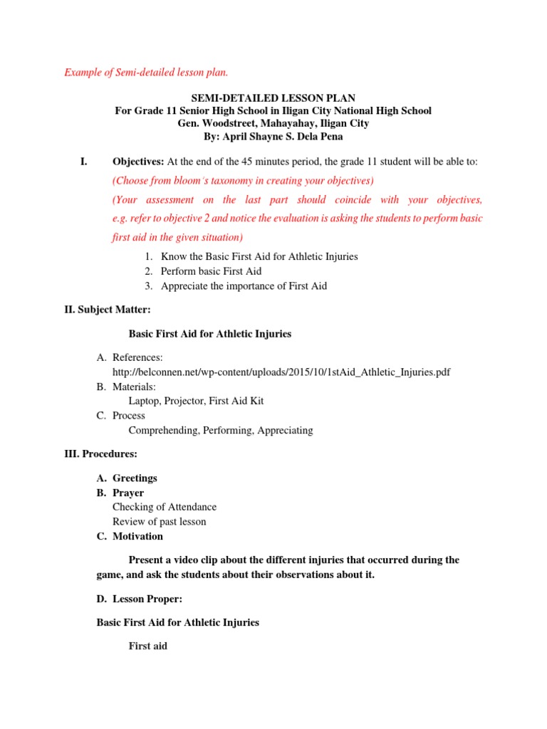 Semi-Detailed Lesson Plan: First Aid | PDF | First Aid | Injury