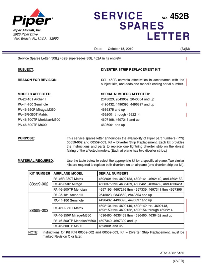 SSL 452B Diverter Strip Replacement Kit 20191018 NA by SN PDF Piper Aircraft Aircraft
