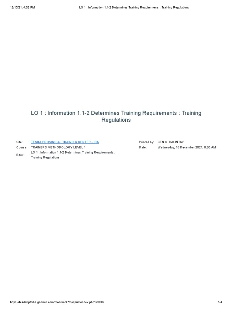 LO 1 Information 1.12 Determines Training Requirements Training