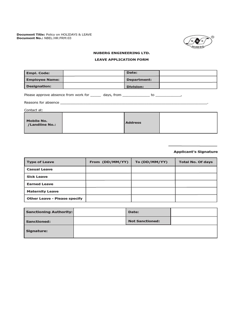 Please Approve Absence From Work For - Days, From - To - , Reasons For ...