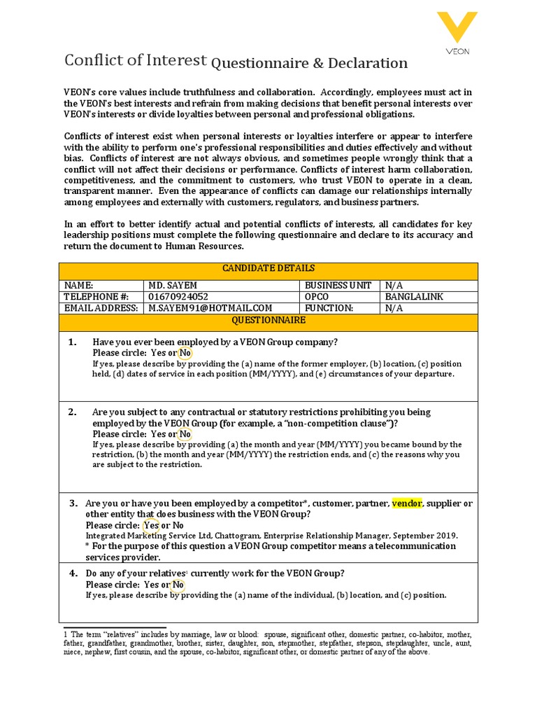 VEON Conflict of Interest Declaration Form | PDF | Conflict Of Interest ...